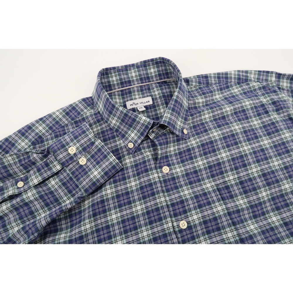 Peter Millar Mens XXL Blue Plaid Long Sleeve Button Front Shirt Stretch 2XL